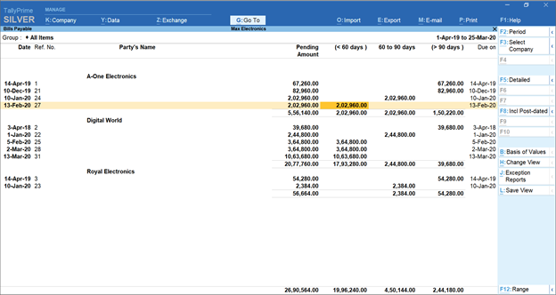 Age-wise bills payable report in TallyPrime